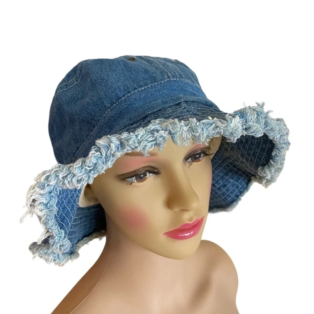 Vintage Blue Denim Fringed Bucket Hat OSFM Cottagecore Minimalist Boho Chic